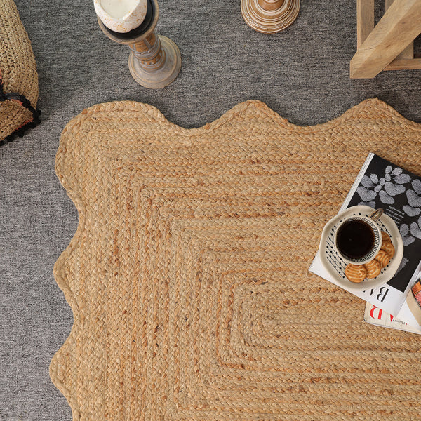 Handwoven Natural Jute Scalloped Area Rug | Handmade Eco-Friendly Boho Rug