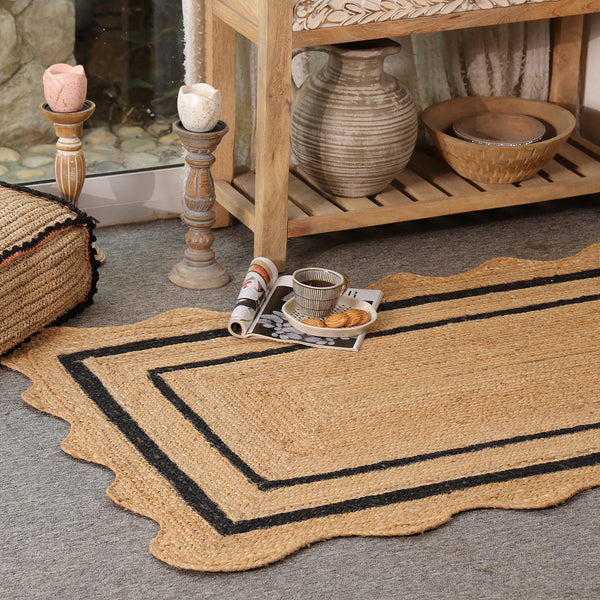 Handwoven Natural Jute Rug with Black Border & Scalloped Edges