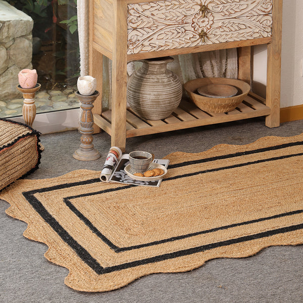 Handwoven Natural Jute Rug with Black Border & Scalloped Edges
