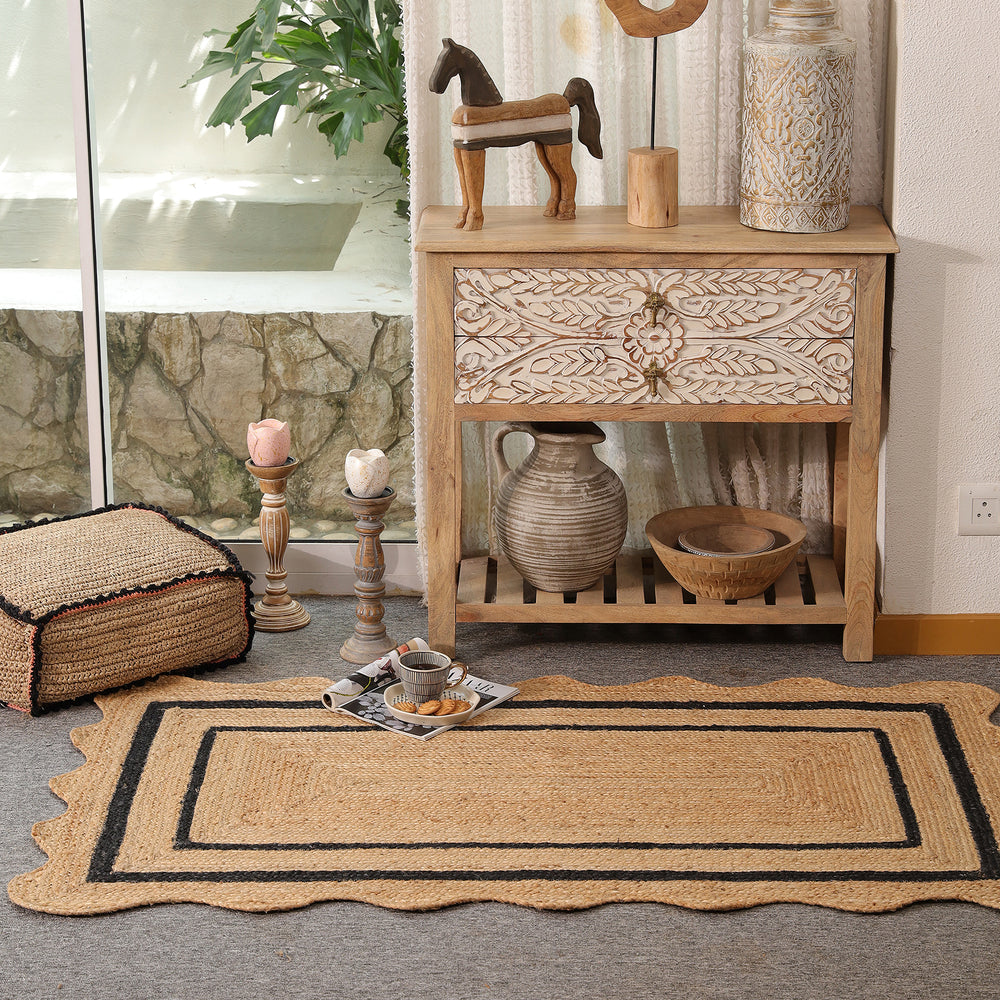 Handwoven Natural Jute Rug with Black Border & Scalloped Edges