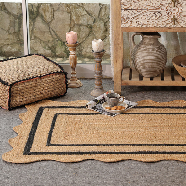 Handwoven Natural Jute Rug with Black Border & Scalloped Edges