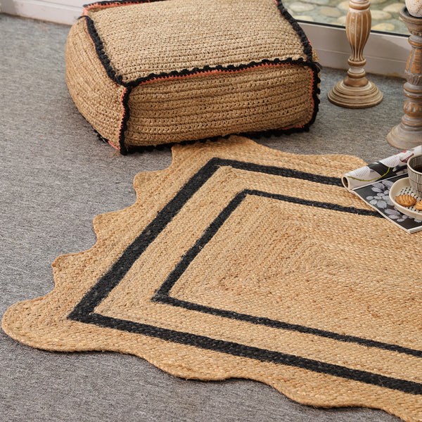 Handwoven Natural Jute Rug with Black Border & Scalloped Edges