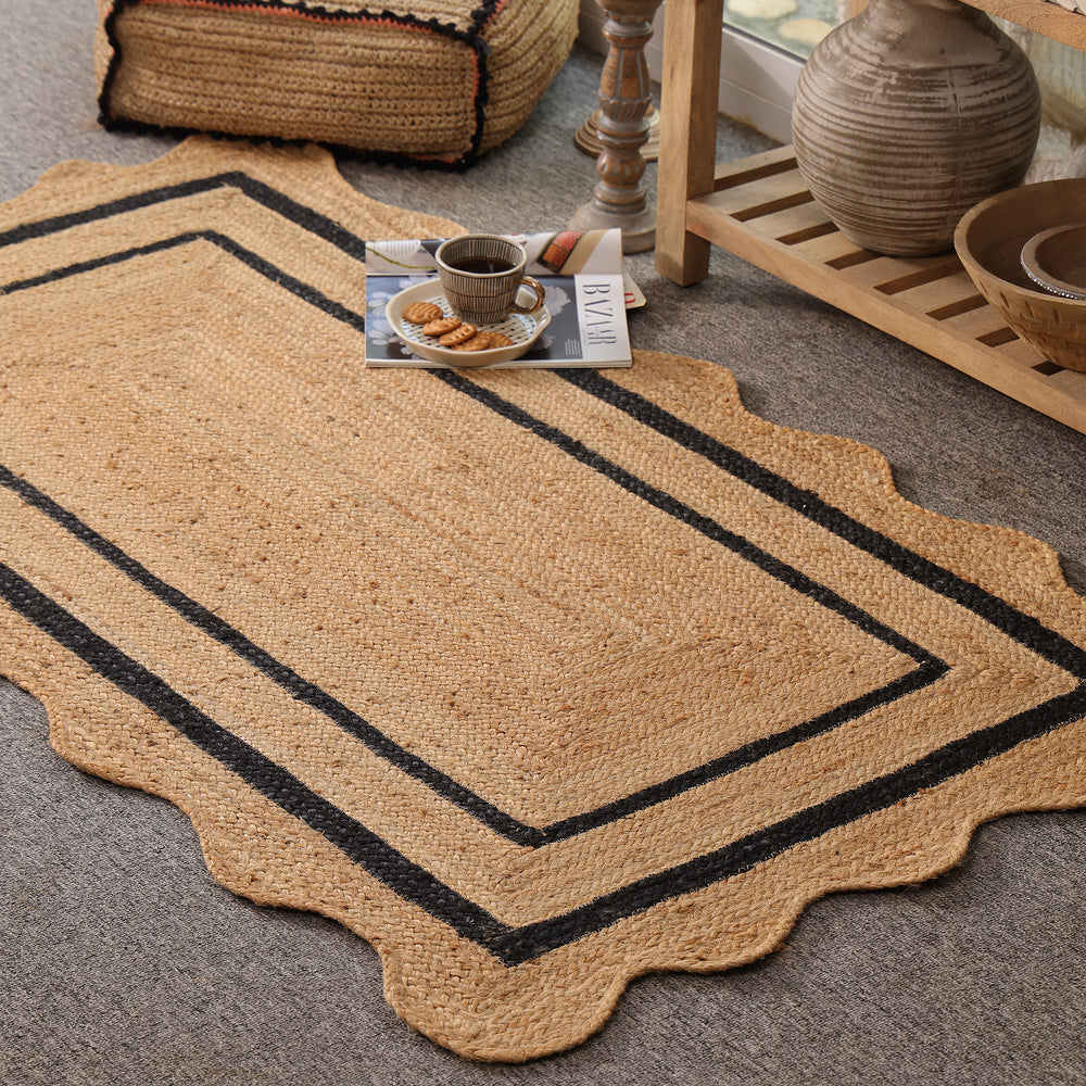 Handwoven Natural Jute Rug with Black Border & Scalloped Edges