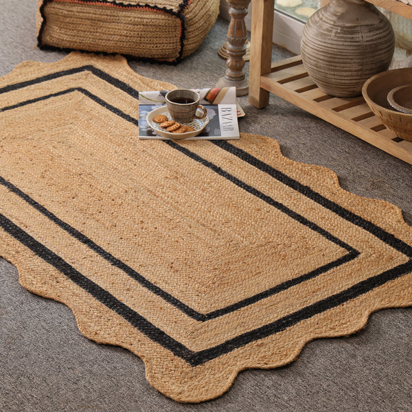 Handwoven Natural Jute Rug with Black Border & Scalloped Edges