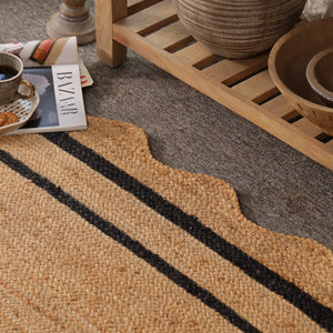 Handwoven Natural Jute Rug with Black Border & Scalloped Edges