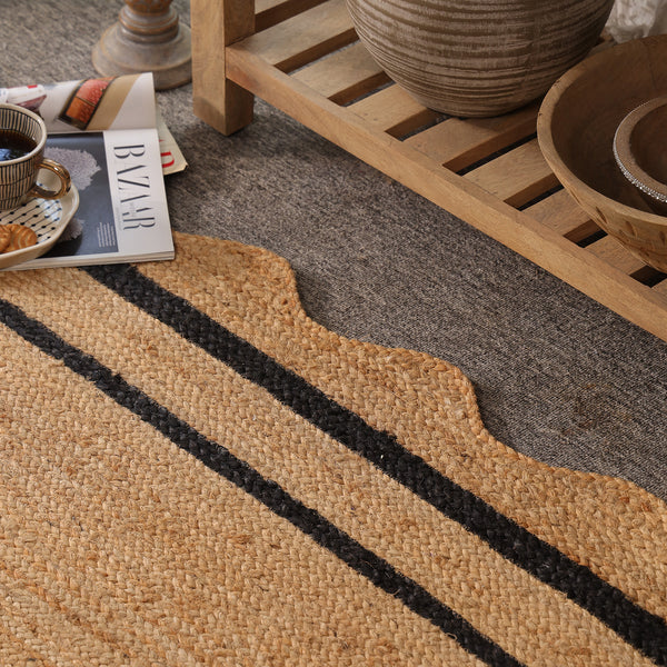 Handwoven Natural Jute Rug with Black Border & Scalloped Edges