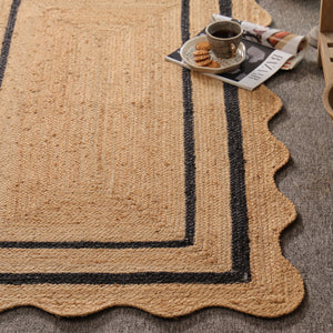 Handwoven Natural Jute Rug with Black Border & Scalloped Edges
