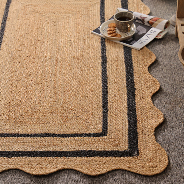 Handwoven Natural Jute Rug with Black Border & Scalloped Edges