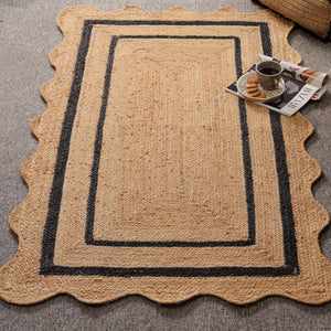 Handwoven Natural Jute Rug with Black Border & Scalloped Edges