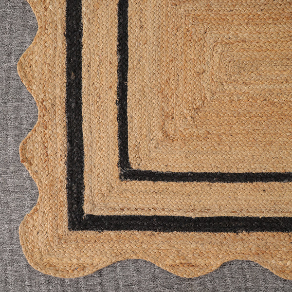 Handwoven Natural Jute Rug with Black Border & Scalloped Edges