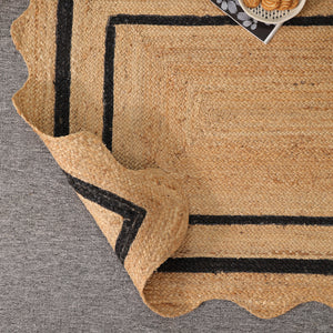 Handwoven Natural Jute Rug with Black Border & Scalloped Edges