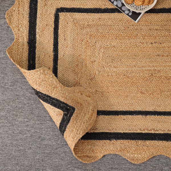 Handwoven Natural Jute Rug with Black Border & Scalloped Edges