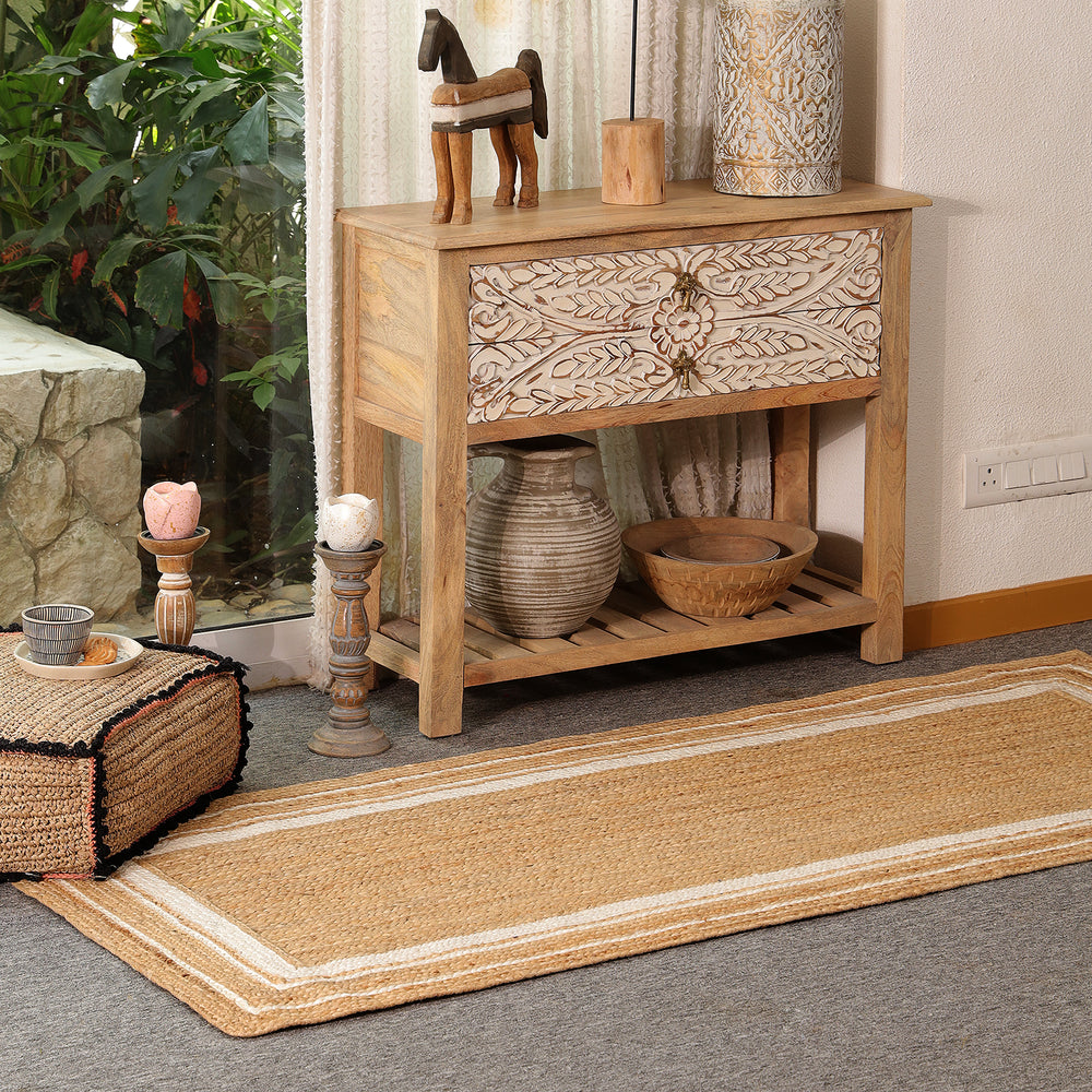 Handwoven Natural Jute Area Rug with White Border | Eco-Friendly Handmade Rug