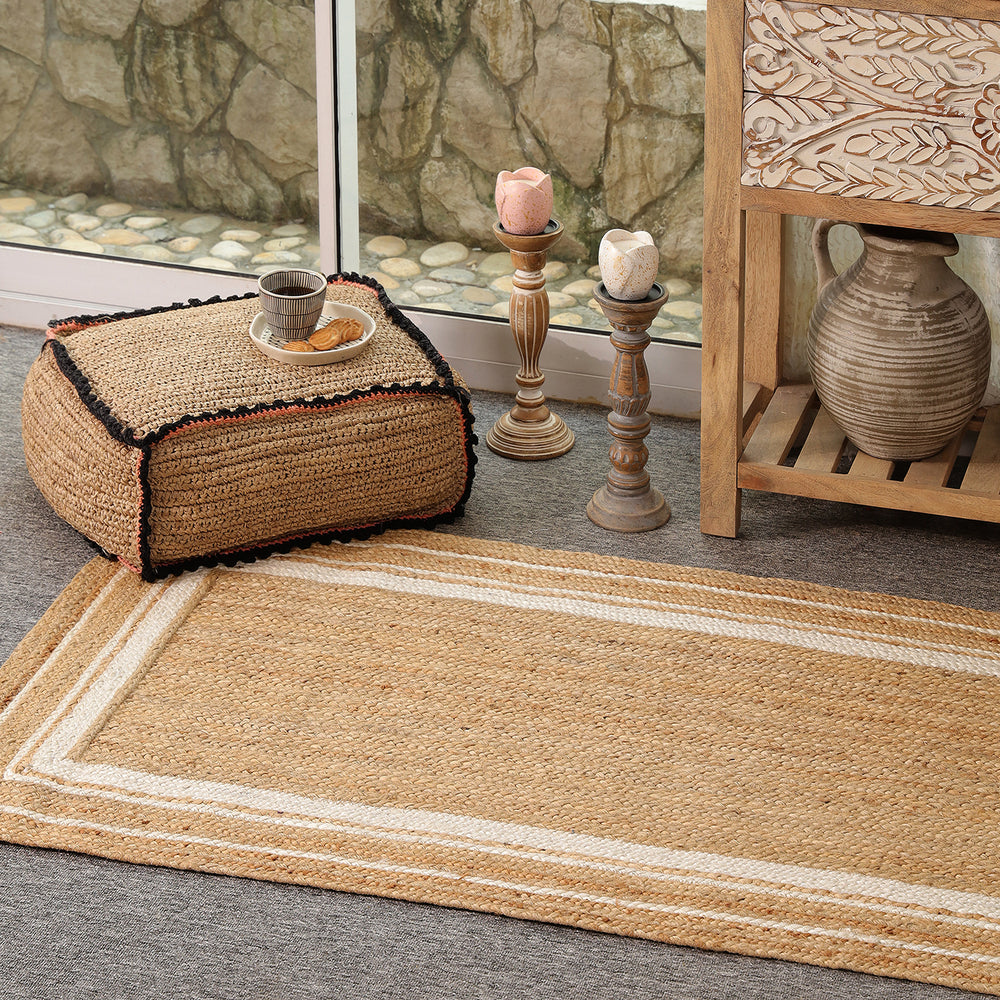 Handwoven Natural Jute Area Rug with White Border | Eco-Friendly Handmade Rug