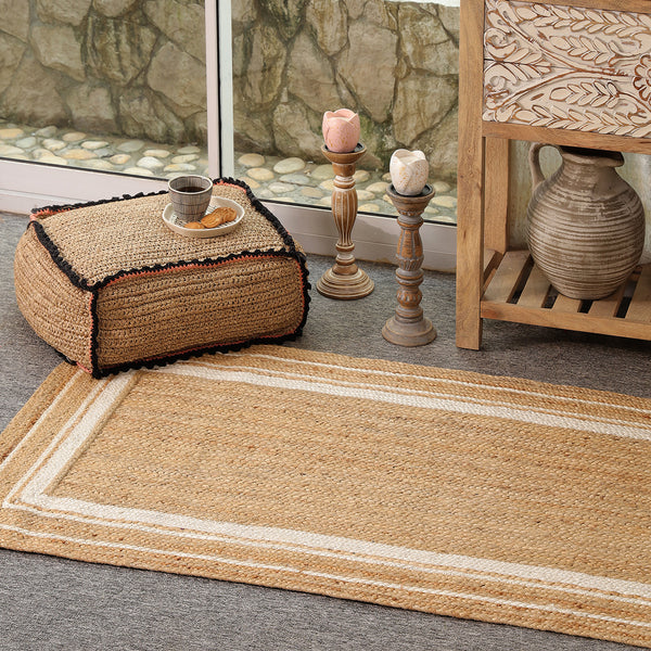 Handwoven Natural Jute Area Rug with White Border | Eco-Friendly Handmade Rug