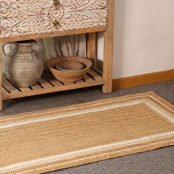 Handwoven Natural Jute Area Rug with White Border | Eco-Friendly Handmade Rug