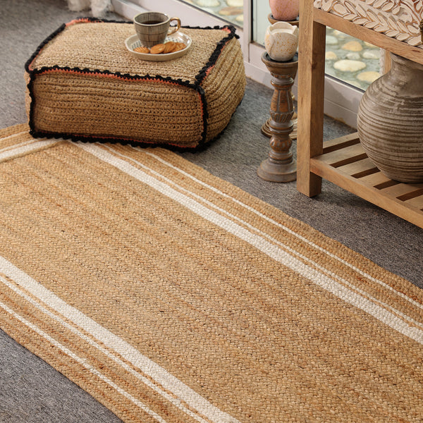 Handwoven Natural Jute Area Rug with White Border | Eco-Friendly Handmade Rug