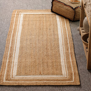 Handwoven Natural Jute Area Rug with White Border | Eco-Friendly Handmade Rug