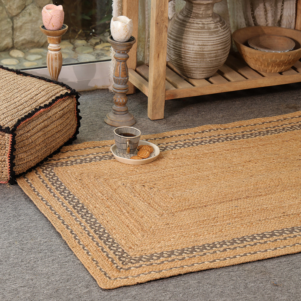 Handwoven Natural Jute Area Rug with Geometric Border | Eco-Friendly Handmade Floor Rug
