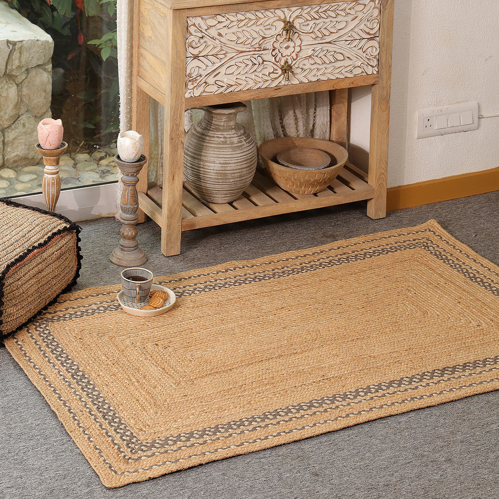 Handwoven Natural Jute Area Rug with Geometric Border | Eco-Friendly Handmade Floor Rug