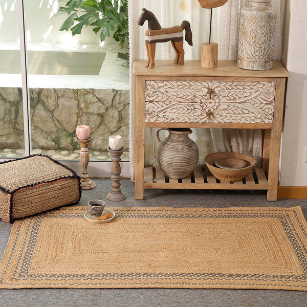 Handwoven Natural Jute Area Rug with Geometric Border | Eco-Friendly Handmade Floor Rug