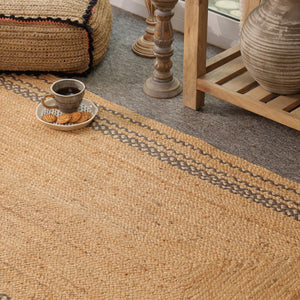 Handwoven Natural Jute Area Rug with Geometric Border | Eco-Friendly Handmade Floor Rug