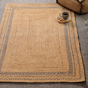 Handwoven Natural Jute Area Rug with Geometric Border | Eco-Friendly Handmade Floor Rug