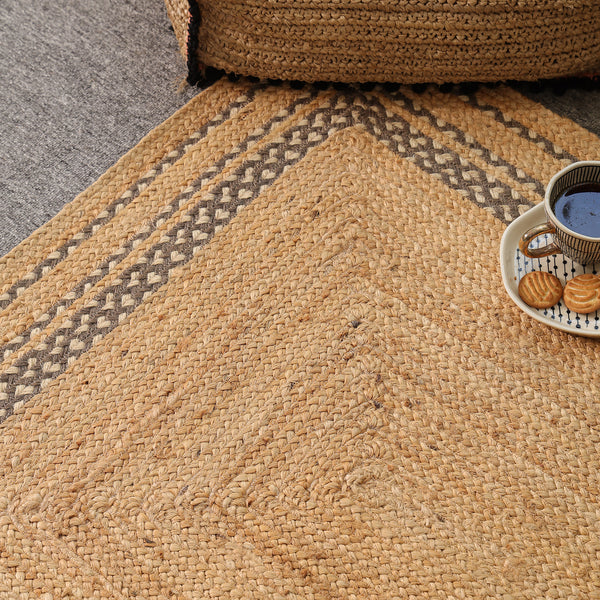 Handwoven Natural Jute Area Rug with Geometric Border | Eco-Friendly Handmade Floor Rug