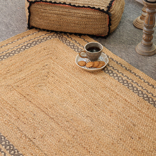 Handwoven Natural Jute Area Rug with Geometric Border | Eco-Friendly Handmade Floor Rug