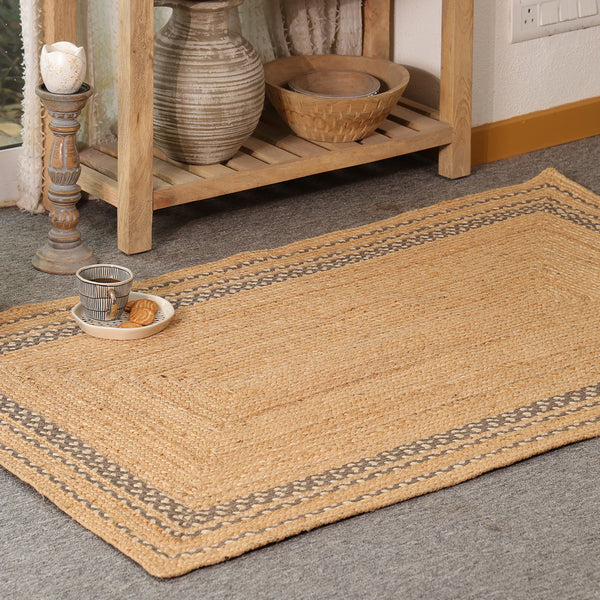 Handwoven Natural Jute Area Rug with Geometric Border | Eco-Friendly Handmade Floor Rug