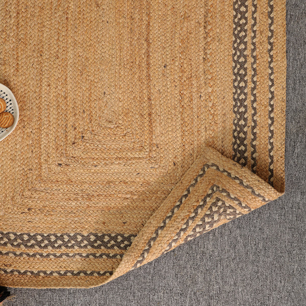 Handwoven Natural Jute Area Rug with Geometric Border | Eco-Friendly Handmade Floor Rug
