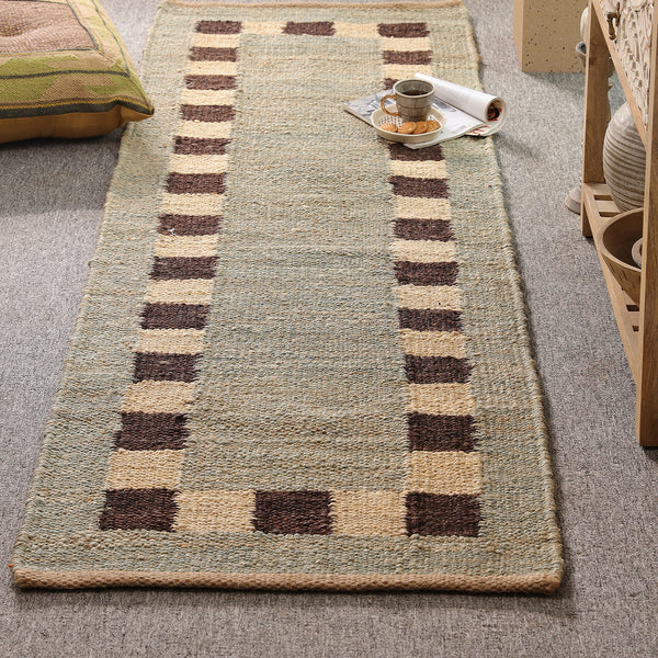 Handwoven Wool Jute Area Rug | Modern Border Design | Natural Handmade Floor Carpet for Living Room, Bedroom & Hallway
