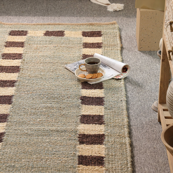 Handwoven Wool Jute Area Rug | Modern Border Design | Natural Handmade Floor Carpet for Living Room, Bedroom & Hallway