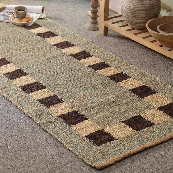 Handwoven Wool Jute Area Rug | Modern Border Design | Natural Handmade Floor Carpet for Living Room, Bedroom & Hallway