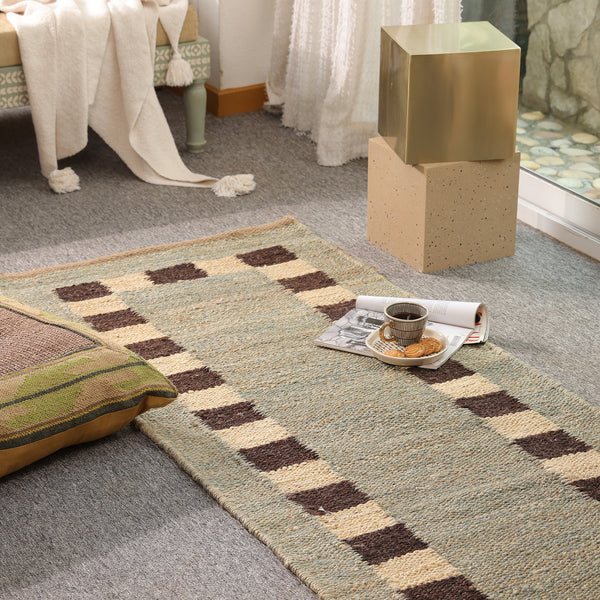 Handwoven Wool Jute Area Rug | Modern Border Design | Natural Handmade Floor Carpet for Living Room, Bedroom & Hallway