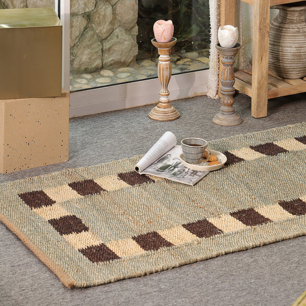 Handwoven Wool Jute Area Rug | Modern Border Design | Natural Handmade Floor Carpet for Living Room, Bedroom & Hallway