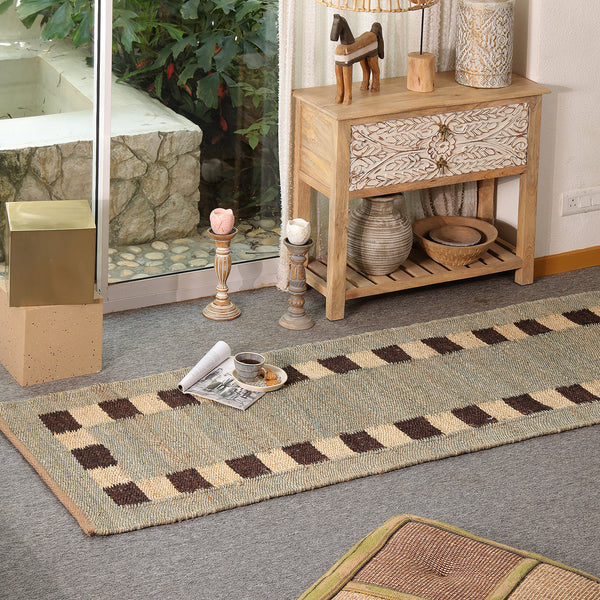 Handwoven Wool Jute Area Rug | Modern Border Design | Natural Handmade Floor Carpet for Living Room, Bedroom & Hallway