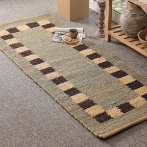 Handwoven Jute Runner Rug – Sage Green & Black Checkered Border Flatweave Hallway Rug