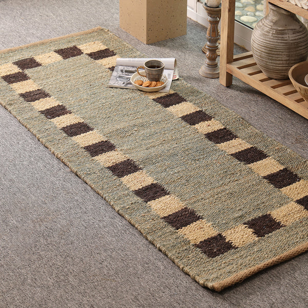 Handwoven Jute Runner Rug – Sage Green & Black Checkered Border Flatweave Hallway Rug