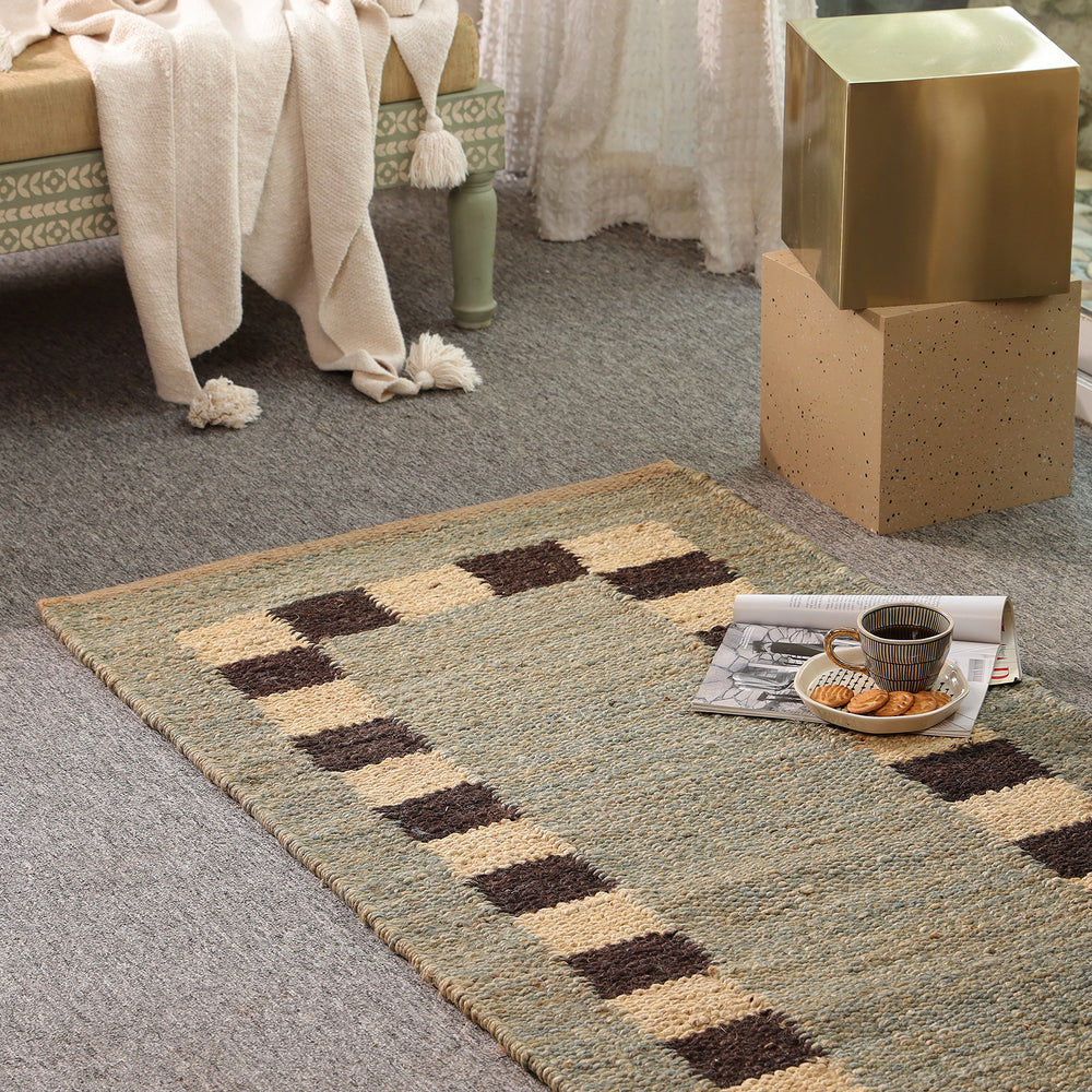 Handwoven Jute Runner Rug – Sage Green & Black Checkered Border Flatweave Hallway Rug