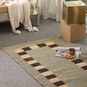 Handwoven Jute Runner Rug – Sage Green & Black Checkered Border Flatweave Hallway Rug