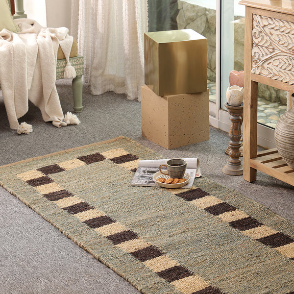 Handwoven Jute Runner Rug – Sage Green & Black Checkered Border Flatweave Hallway Rug