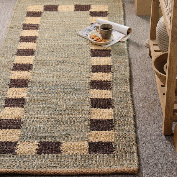Handwoven Jute Runner Rug – Sage Green & Black Checkered Border Flatweave Hallway Rug