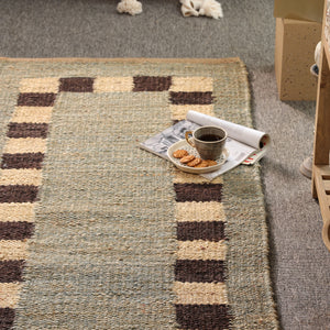 Handwoven Jute Runner Rug – Sage Green & Black Checkered Border Flatweave Hallway Rug