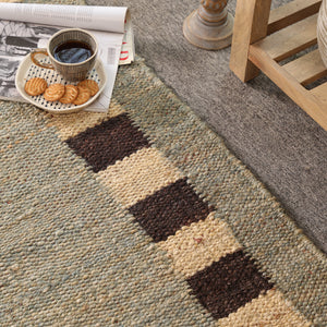 Handwoven Jute Runner Rug – Sage Green & Black Checkered Border Flatweave Hallway Rug