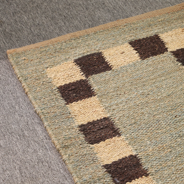 Handwoven Jute Runner Rug – Sage Green & Black Checkered Border Flatweave Hallway Rug