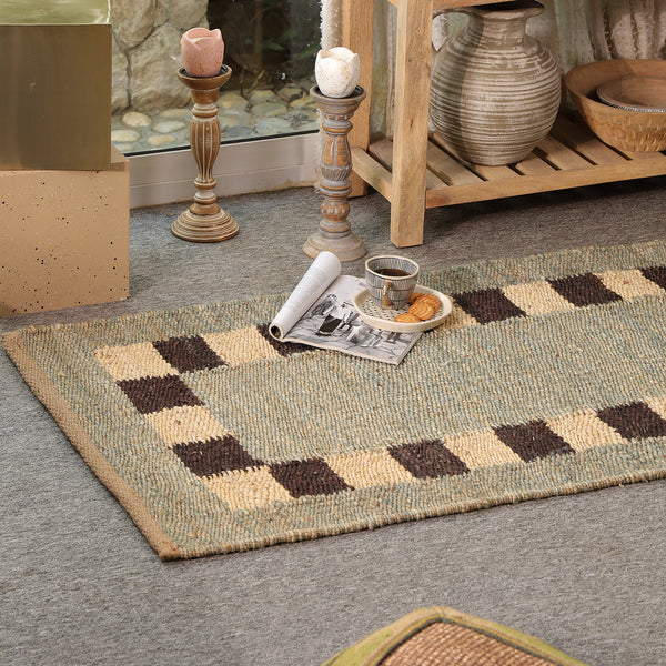 Handwoven Jute Runner Rug – Sage Green & Black Checkered Border Flatweave Hallway Rug