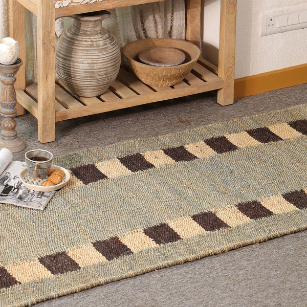 Handwoven Jute Runner Rug – Sage Green & Black Checkered Border Flatweave Hallway Rug