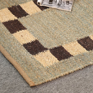 Handwoven Jute Runner Rug – Sage Green & Black Checkered Border Flatweave Hallway Rug