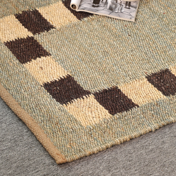 Handwoven Jute Runner Rug – Sage Green & Black Checkered Border Flatweave Hallway Rug